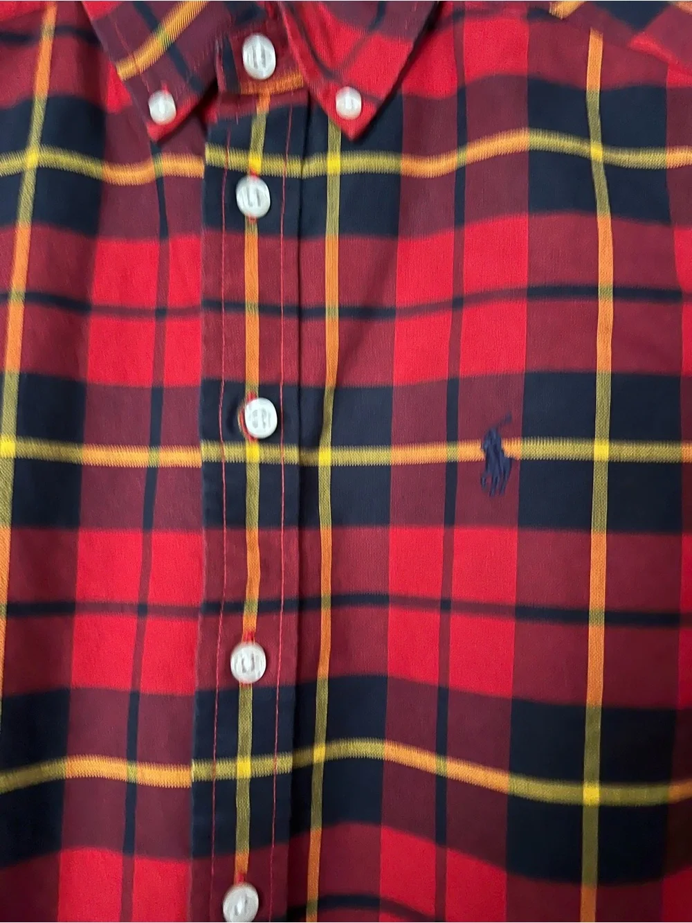 Ralph Lauren Red Plaid Button-Down Shirt with Yellow Accent